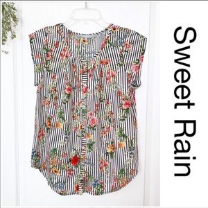 Sweet Rain Blouse with Flowers and Stripes